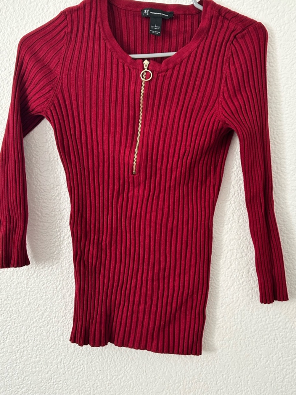 INC International Concepts Wine Red Ribbed Zip-Front Knit Top